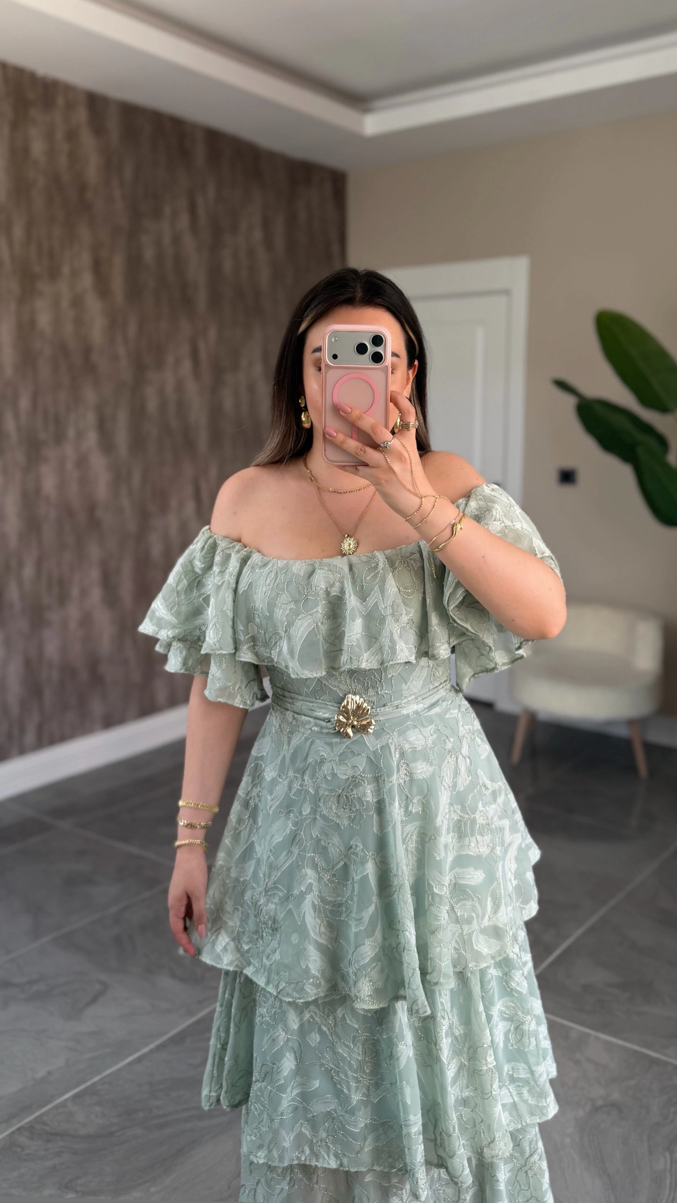 Mint Katkatlı Fırfırlı Elbise
