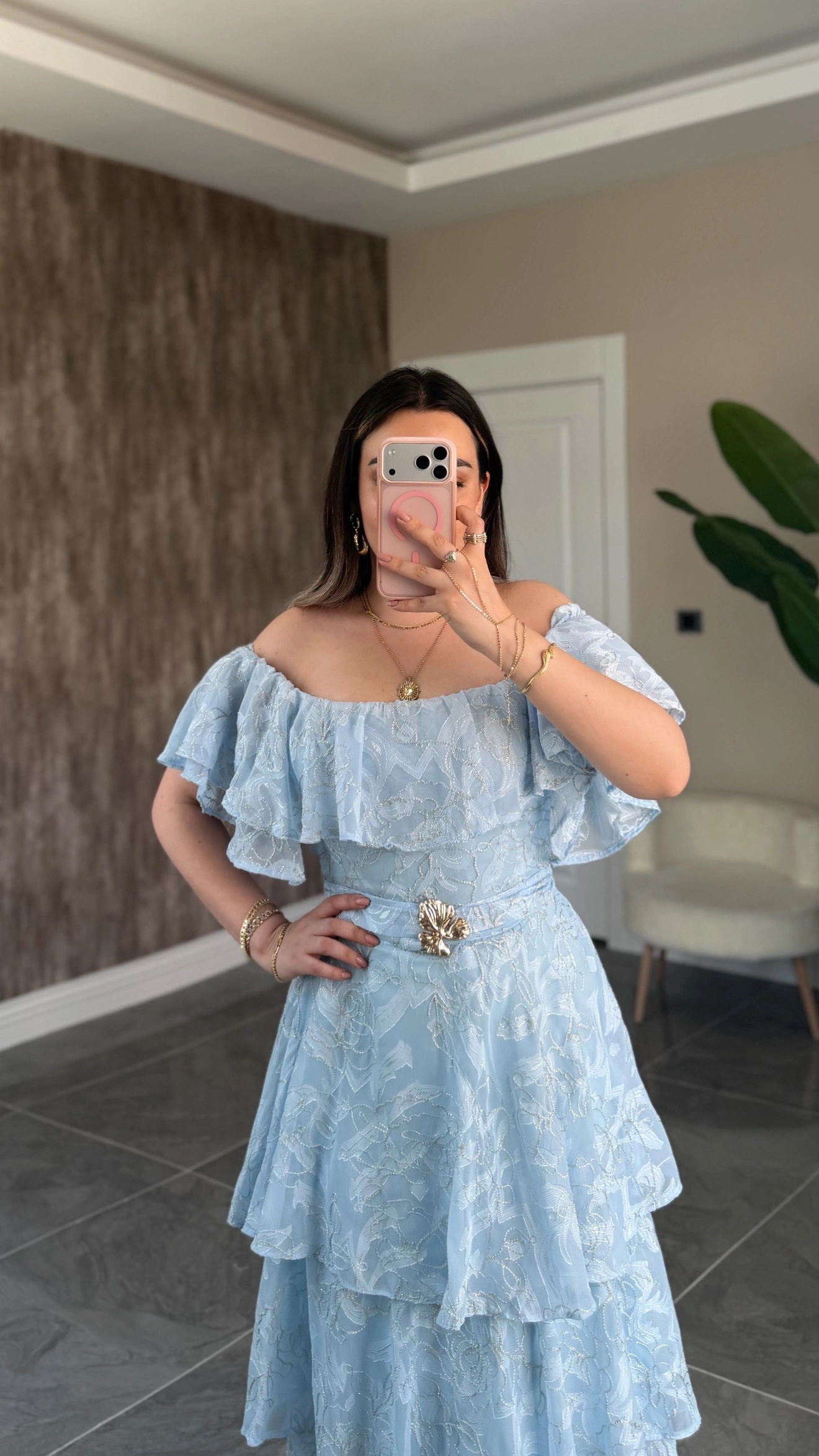 Bebe Mavi Katkatlı Fırfırlı Elbise