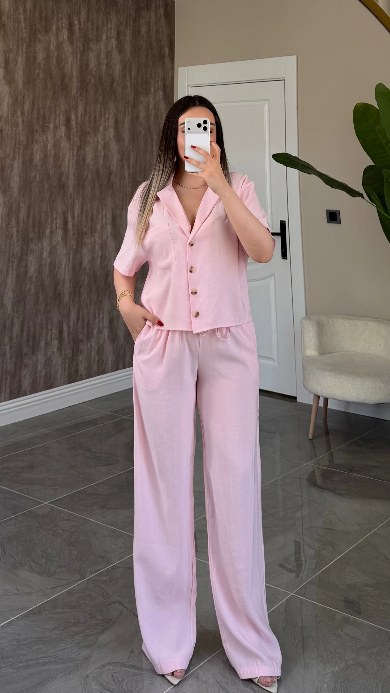 Toz Pembe Tensel Gömlek Pantolon Takım