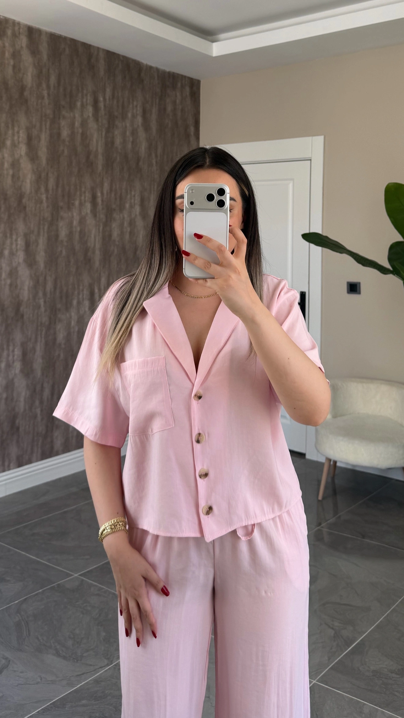 Toz Pembe Tensel Gömlek Pantolon Takım