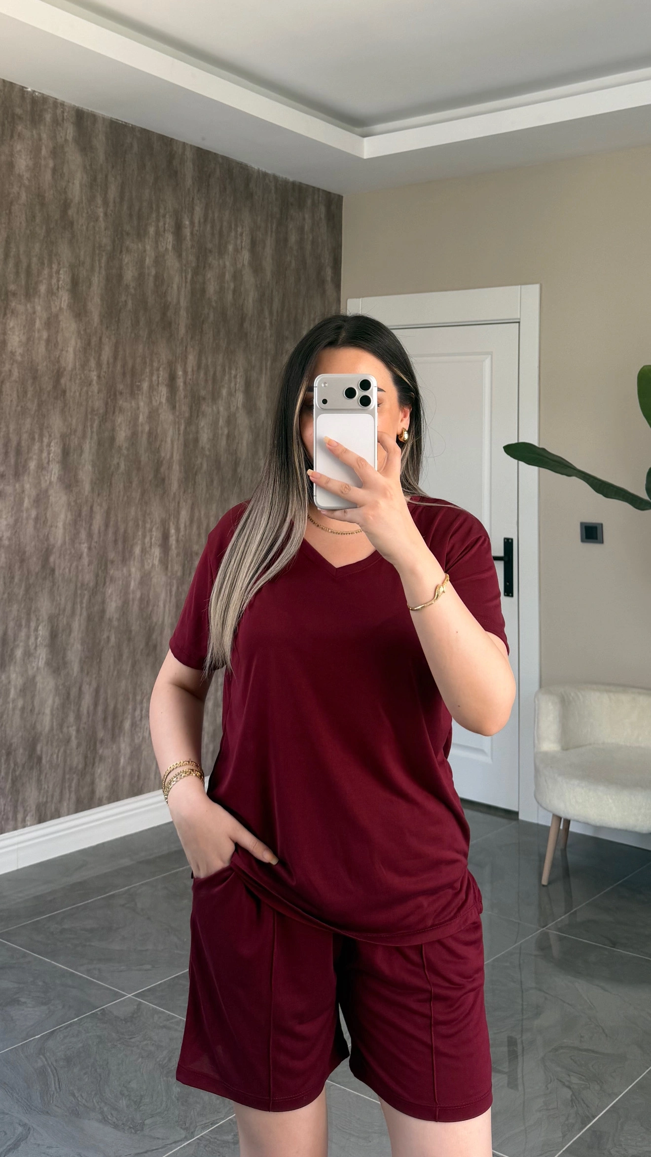 Oysh Tshirtlü Modal Takım Bordo