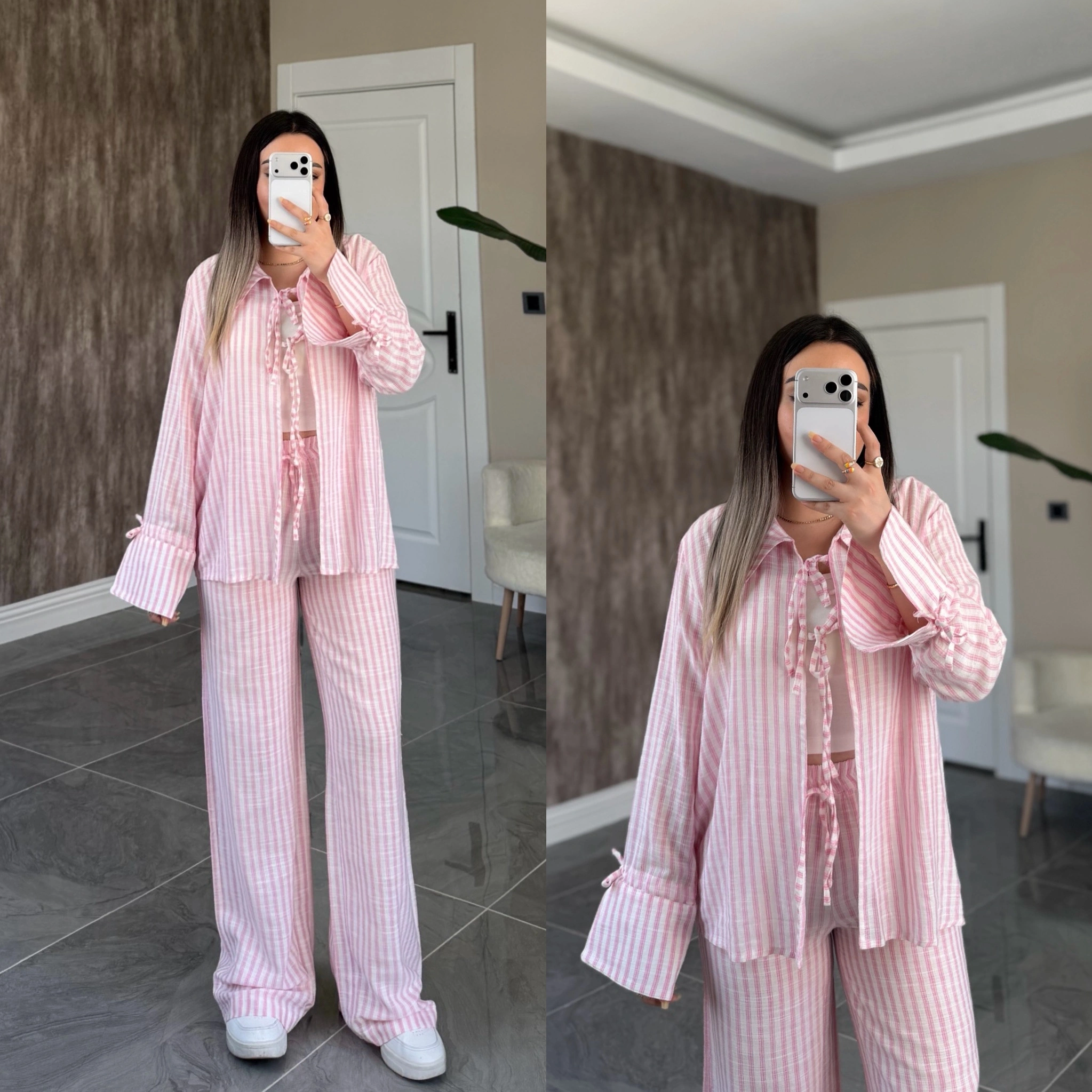 Pembe Çizgili Keten Takım
