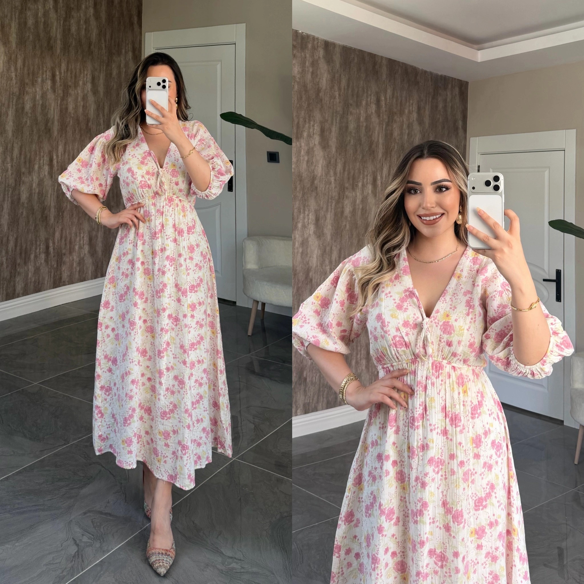 Pembe Çiçek Desenli Müslin Elbise