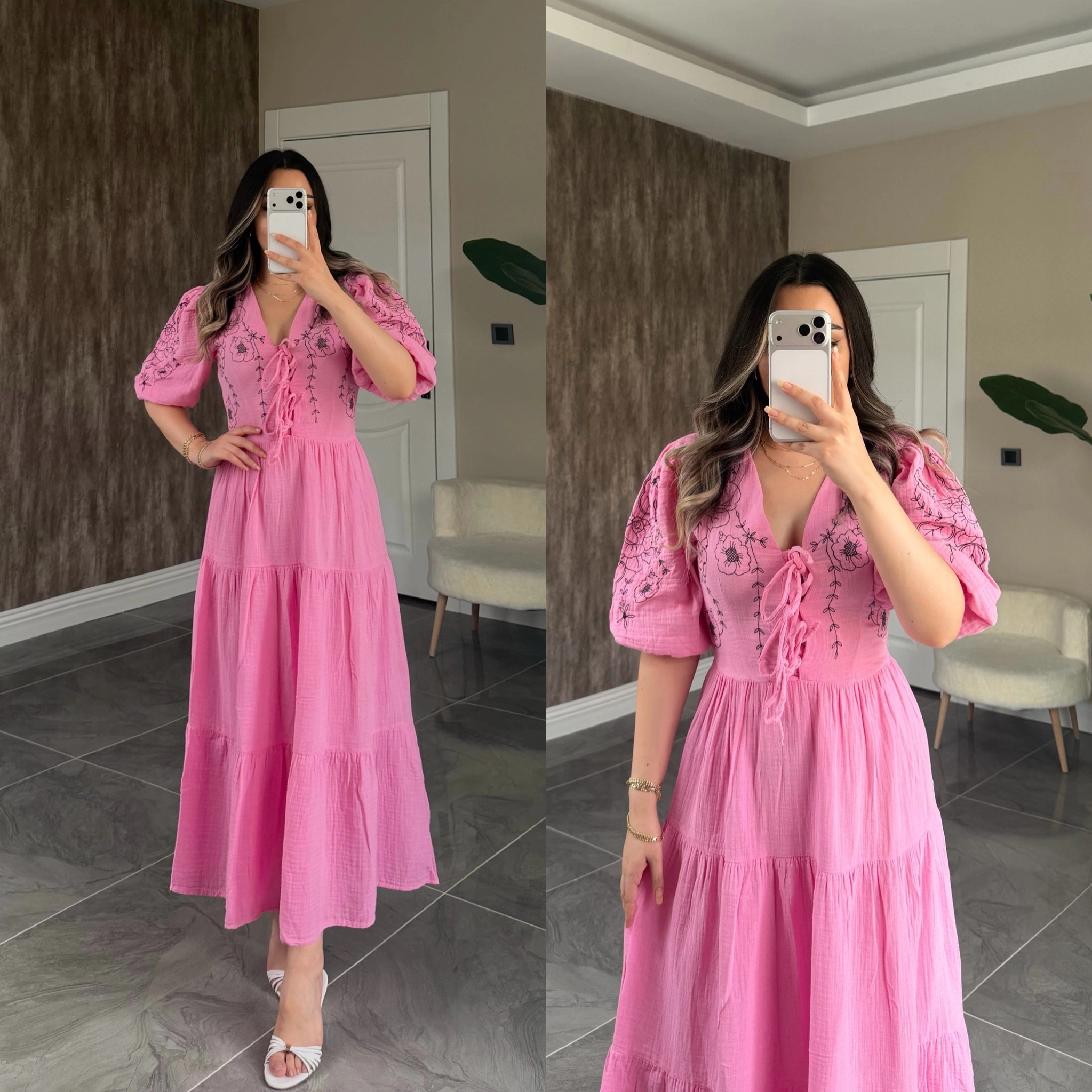 Önü Nakış İşlemeli Müslin Elbise Pembe