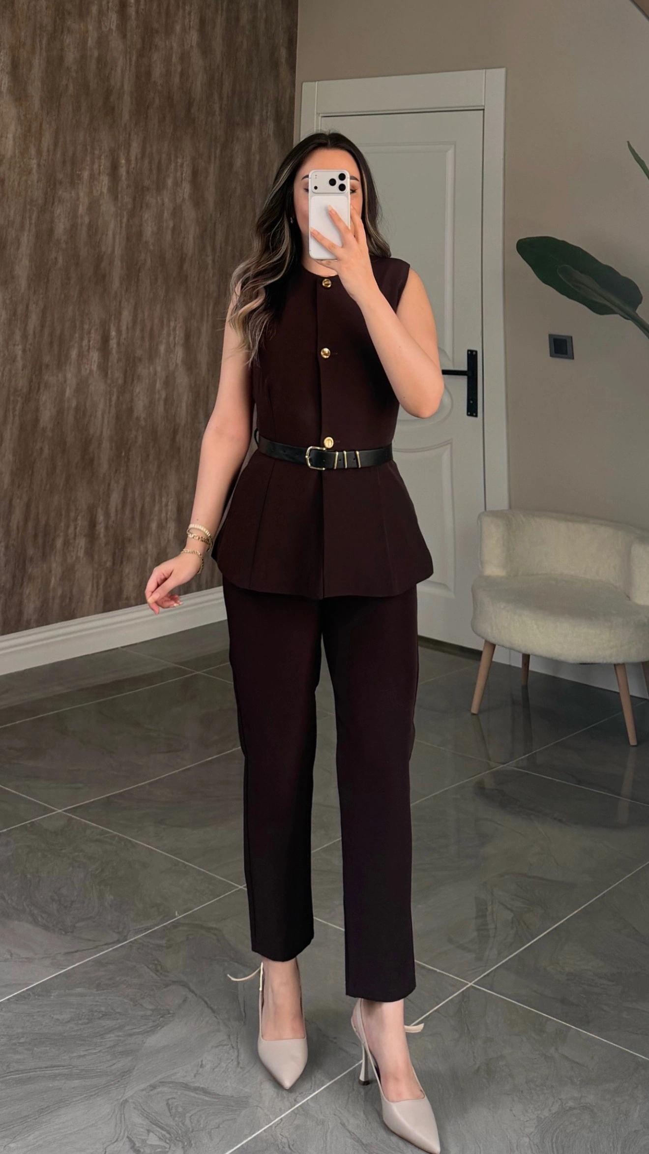 Kemerli Acı Kahve Yelek Takım