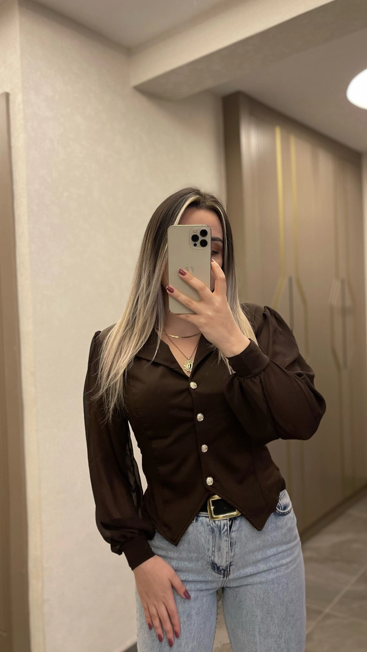 Acı Kahve Kolu Tül Bluz