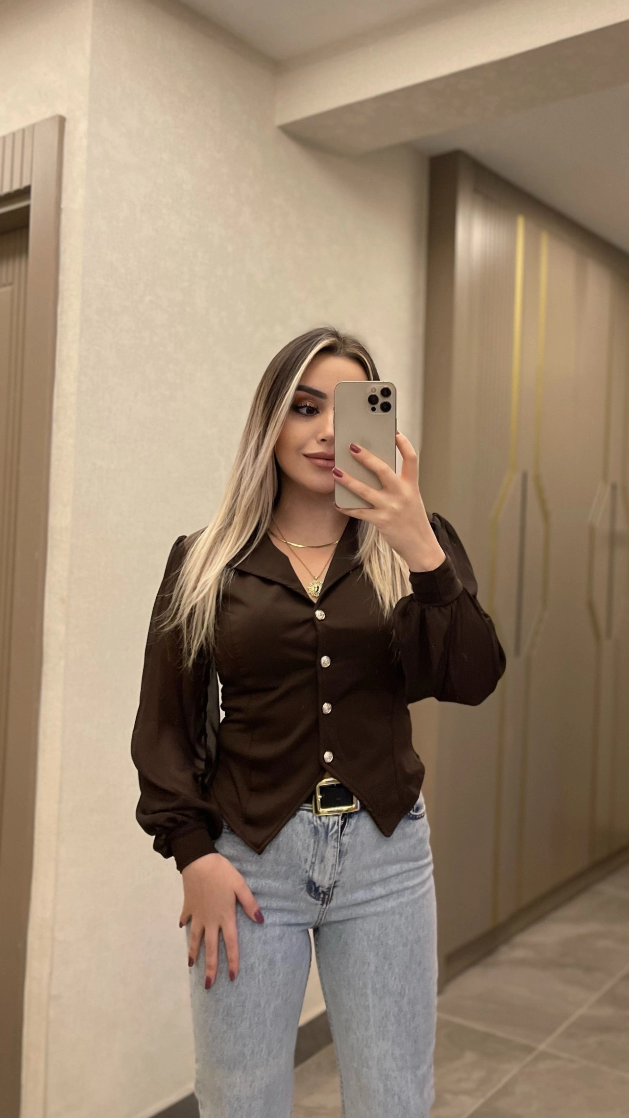 Acı Kahve Kolu Tül Bluz