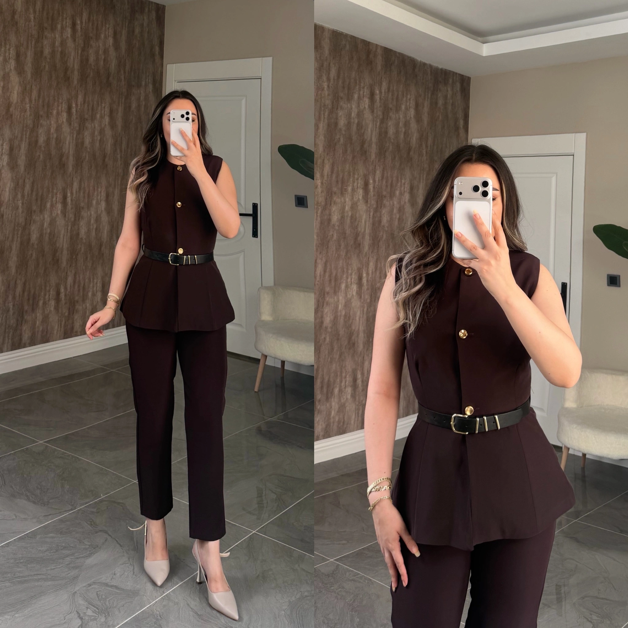 Kemerli Acı Kahve Yelek Takım