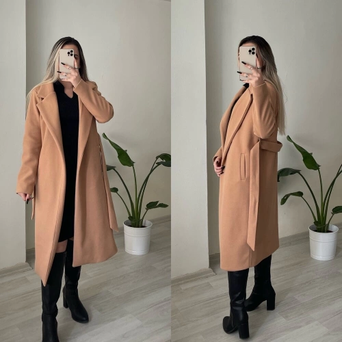 Camel Kuşaklı Uzun Kaban