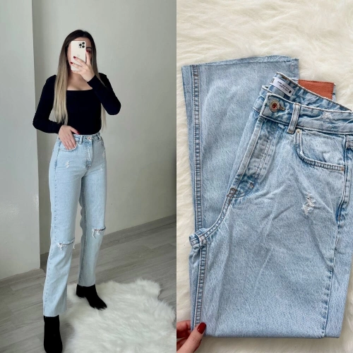 Dizi Yırtık Buz Mavisi Mom Jean Zr