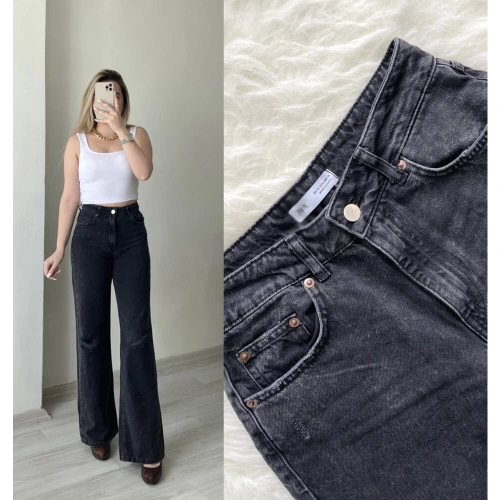Antrasit Dizi Yırtık Wide Leg Jean