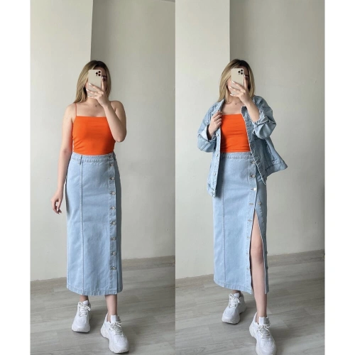 Buz Mavisi Ayarlanabilir Yırtmaçlı Maxi Etek