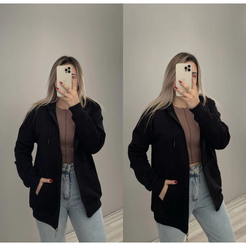 ZR İçi Şardonlu Kapusonlu Siyah Ceket