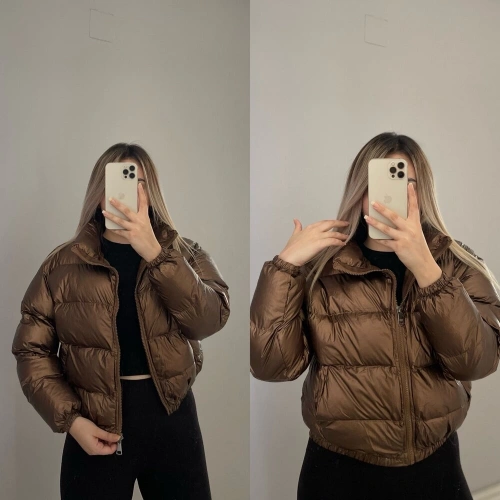 Parlak Şişme Mont Kahverengi