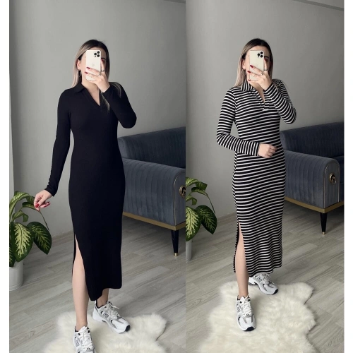 Polo Yaka Yandan Yırtmaçlı Elbise