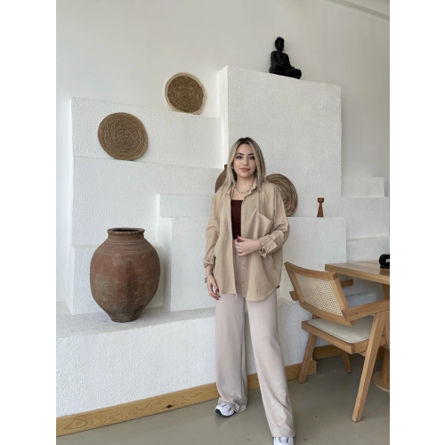 Oysh Modal Kumaş Bej Ekstra Yüksek Bel Pantolon