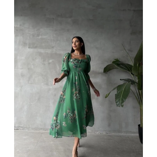 Çiçekli Yeşil Şifon Elbise