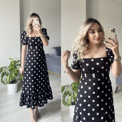 Puantiye Desenli Midi Boy Elbise