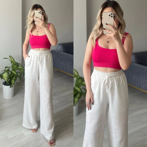 Beyaz Bol Paça Stradi Model Keten Pantolon