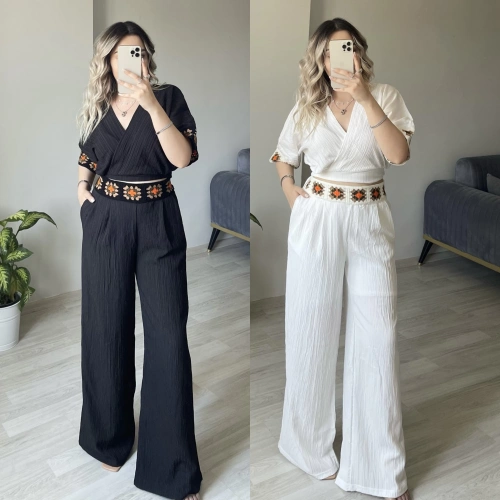 Kruvaze Yaka Bluzlu Keten Takım