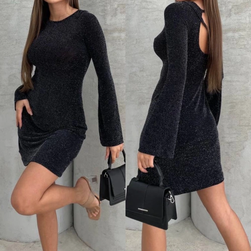 Simli Sırt Dekolteli Elbise