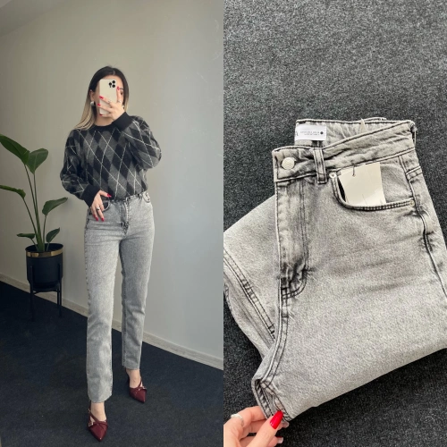 ZR Gri Likralı Momfit Jean