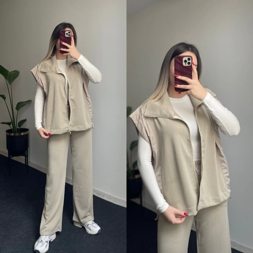 Orj Marka Modal Kumaş Yelekli Takım Bej