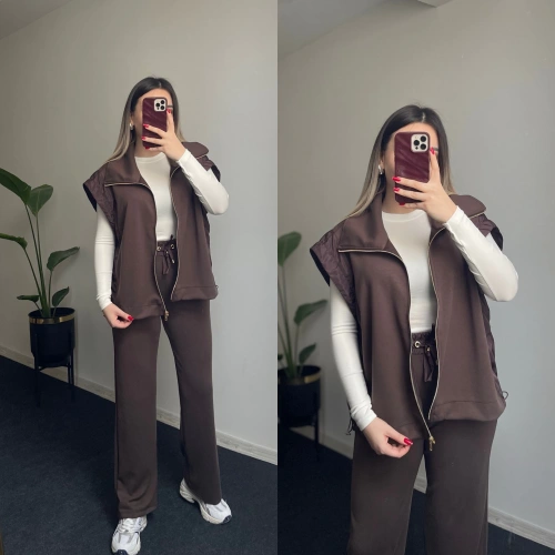 Orj Marka Modal Kumaş Yelekli Takım Kahverengi