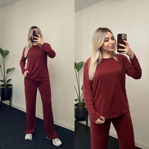 Oysho Bisiklet Yaka Modal Kumaş Bordo Takım