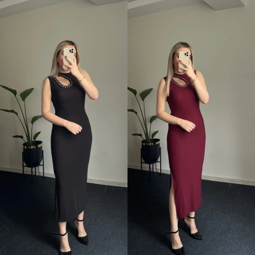 Damla Dekolte Elbise Taşlı