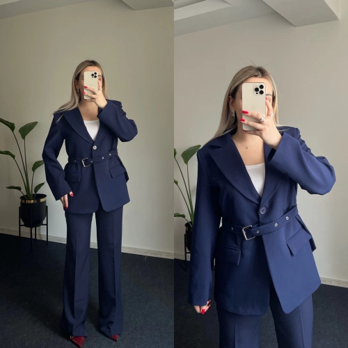Lacivert Kemer Detaylı Blazer Takım