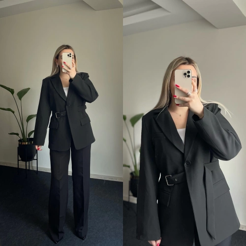 Kemer Detaylı Siyah Blazer Takım