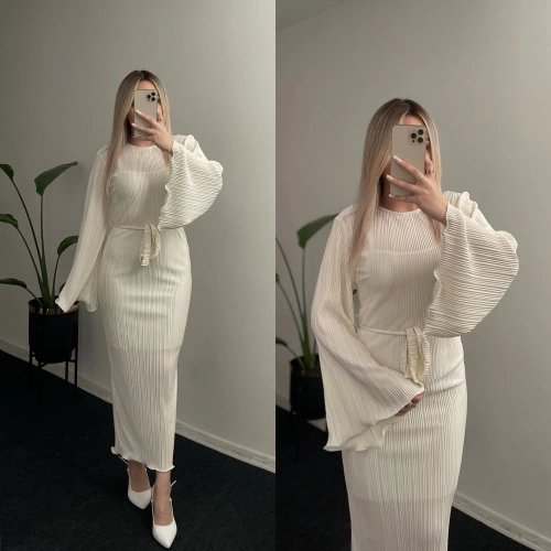 Ekru Piliseli Elbise