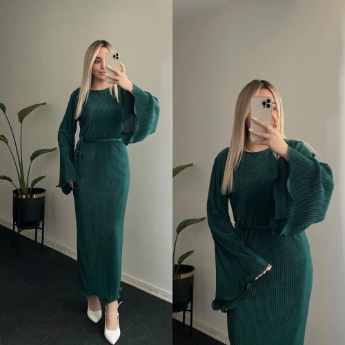 Zümrüt Yeşili Piliseli Elbise