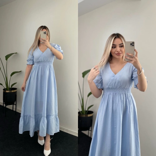 Beli Lastikli Müslin Elbise Bebe Mavisi