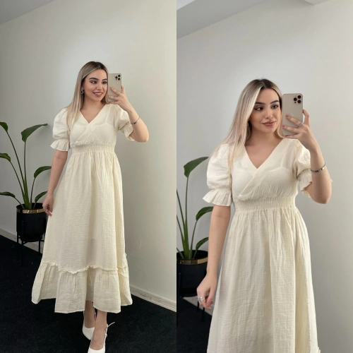 Beli Lastikli Müslin Elbise Bej