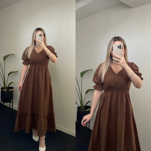 Beli Lastikli Müslin Elbise Kahverengi