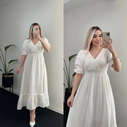 Beli Lastikli Müslin Elbise Beyaz