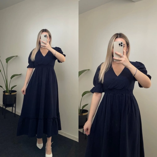 Beli Lastikli Müslin Elbise Lacivert