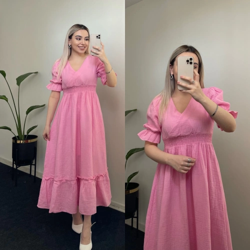 Beli Lastikli Müslin Elbise Pembe