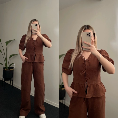 Bağlama Detaylı Müslin Takım Kahverengi