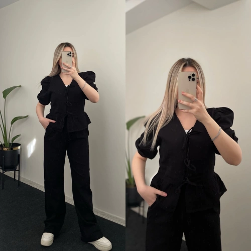 Bağlama Detaylı Müslin Takım Siyah