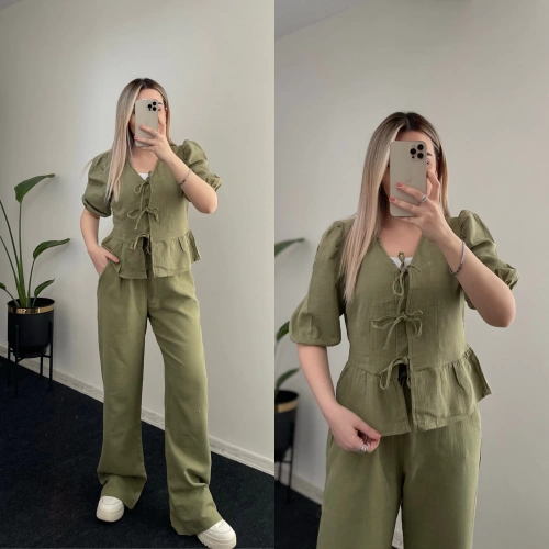 Bağlama Detaylı Müslin Takım Haki