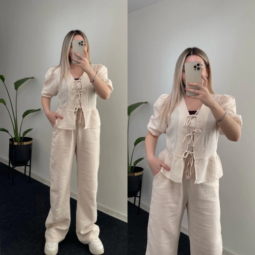 Bağlama Detaylı Müslin Takım Bej