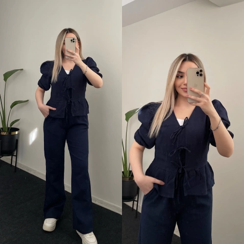 Bağlama Detaylı Müslin Takım Lacivert