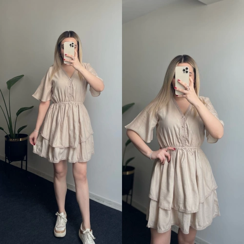 Fırfırlı Taş Rengi Elbise