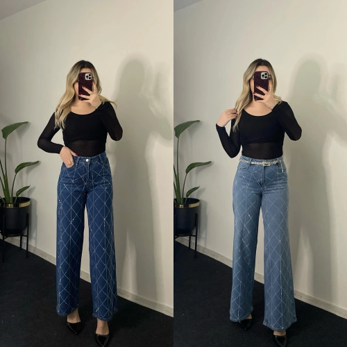 ZR Taşlı Wide Leg Likralı Jean