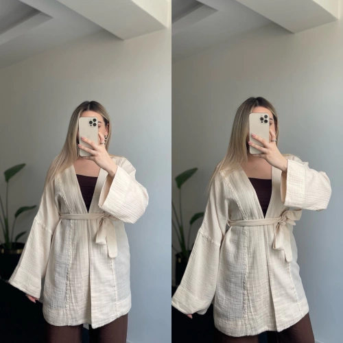 Bej İşlemeli Uzun Kimono