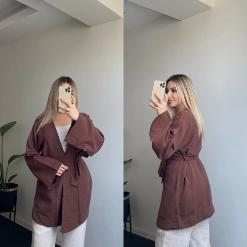 Kahverengi İşlemeli Uzun Kimono