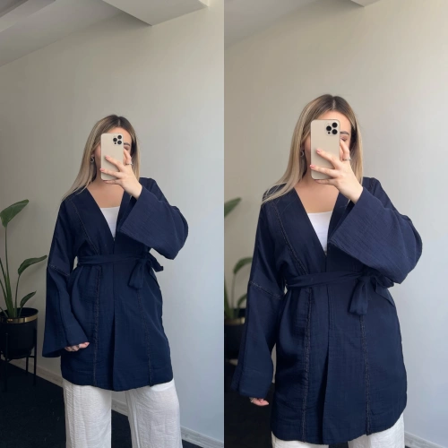 Lacivert İşlemeli Uzun Kimono